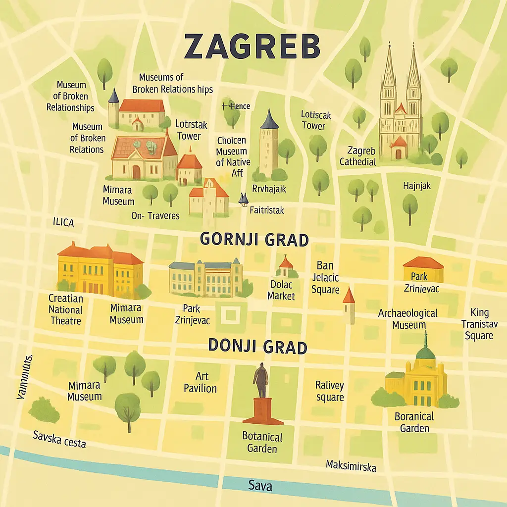 Mappa turistica illustrata di Zagabria con principali attrazioni di Gornji e Donji Grad